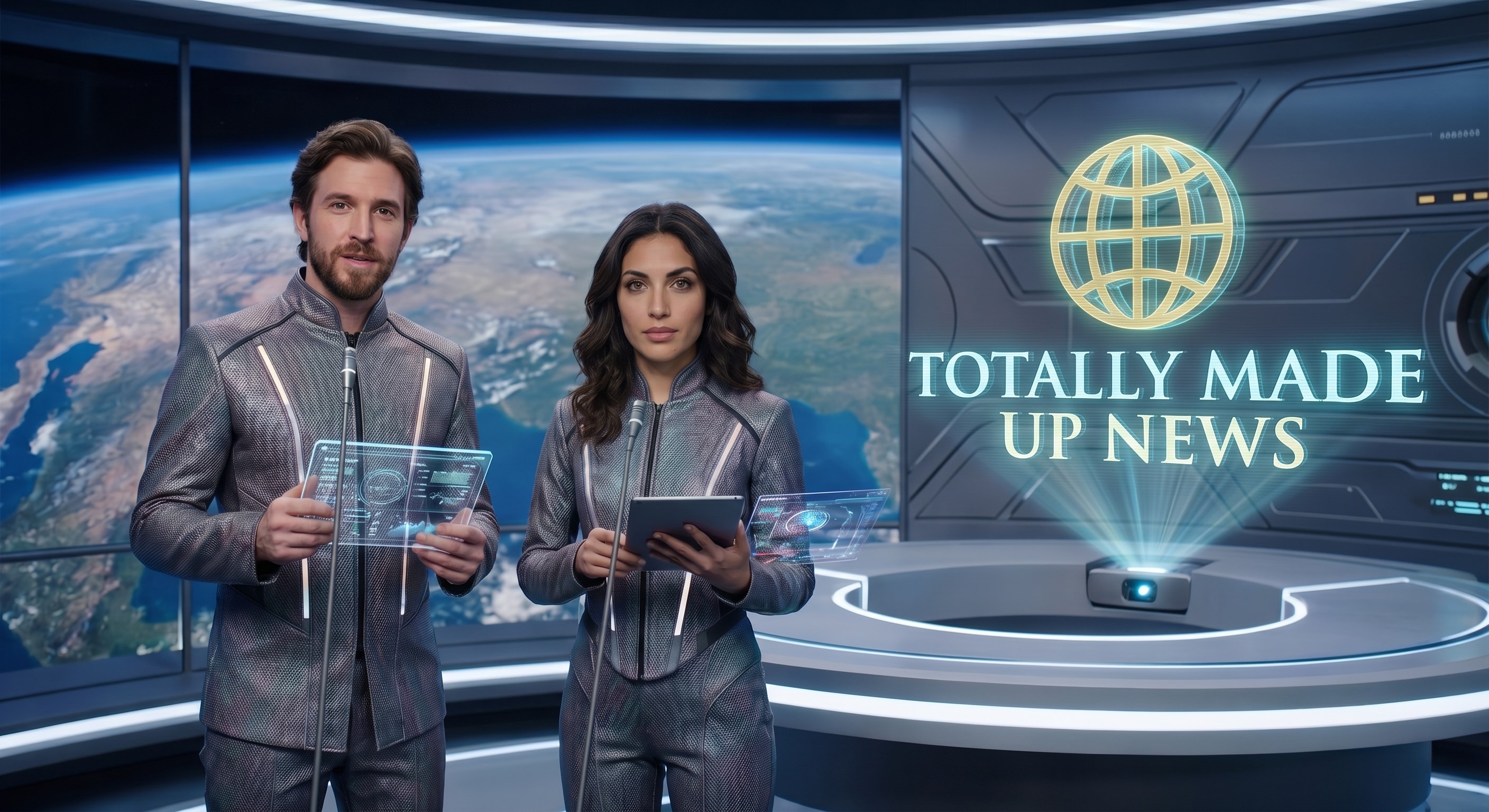 The hosts of Totally Made Up News at the anchor desk
