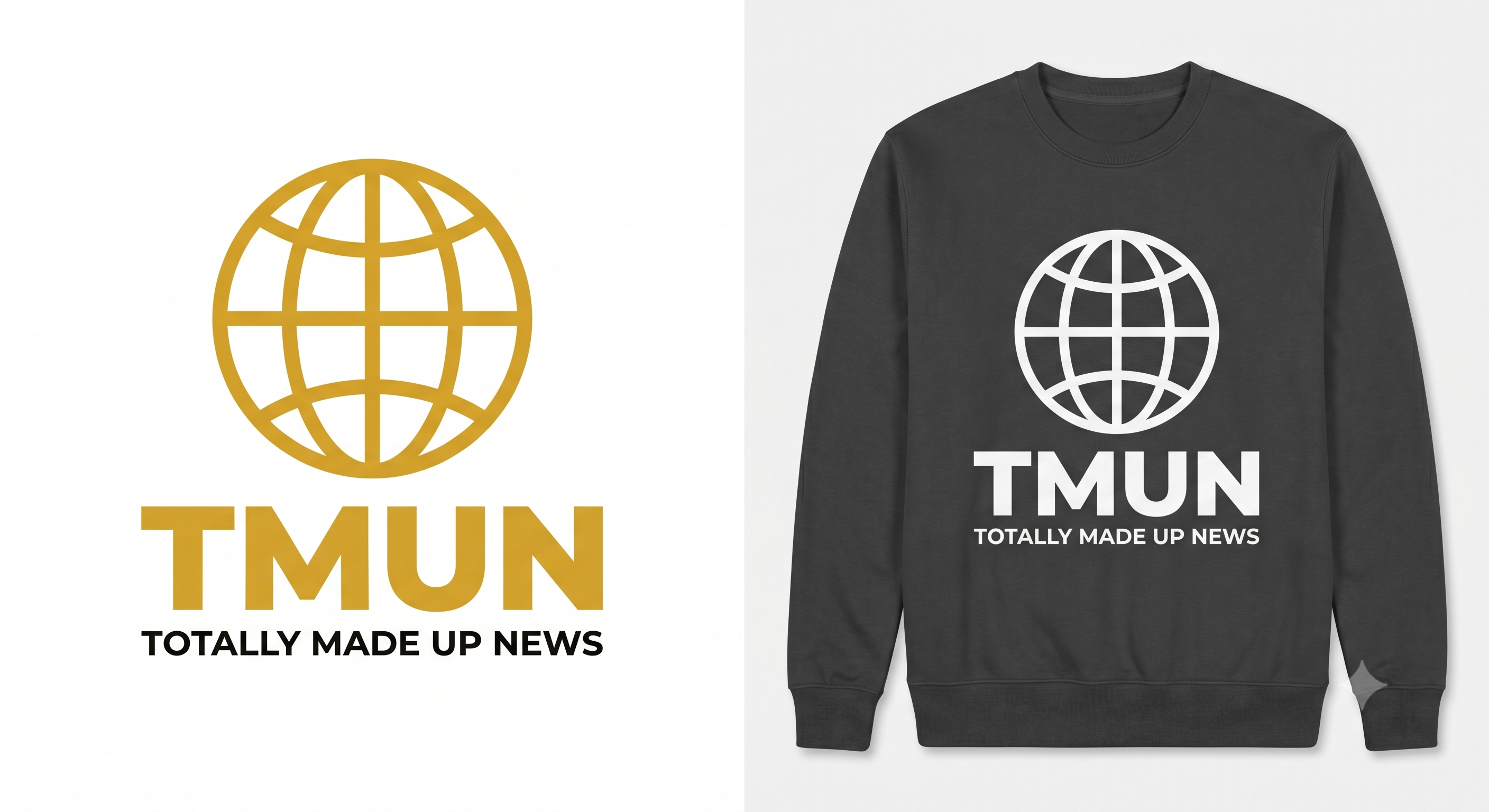 TMUN merchandise preview — logo and sweatshirt mockup